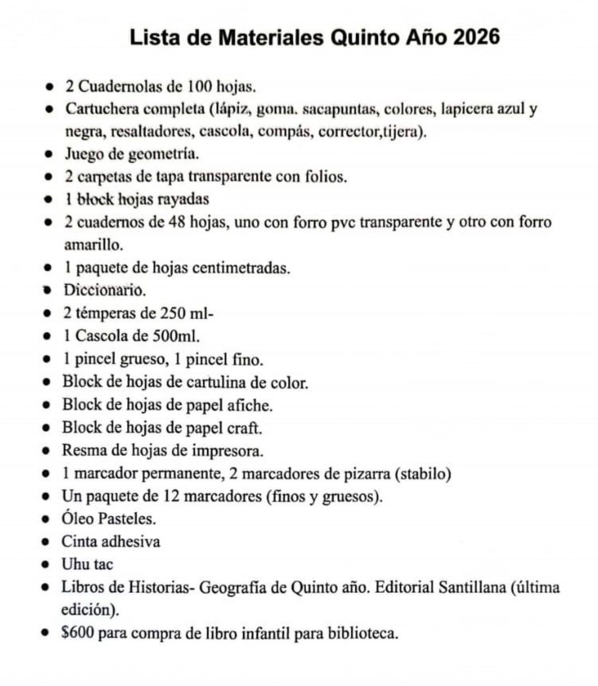 Lista Sugerida Colegio It Hué 5º año 2026