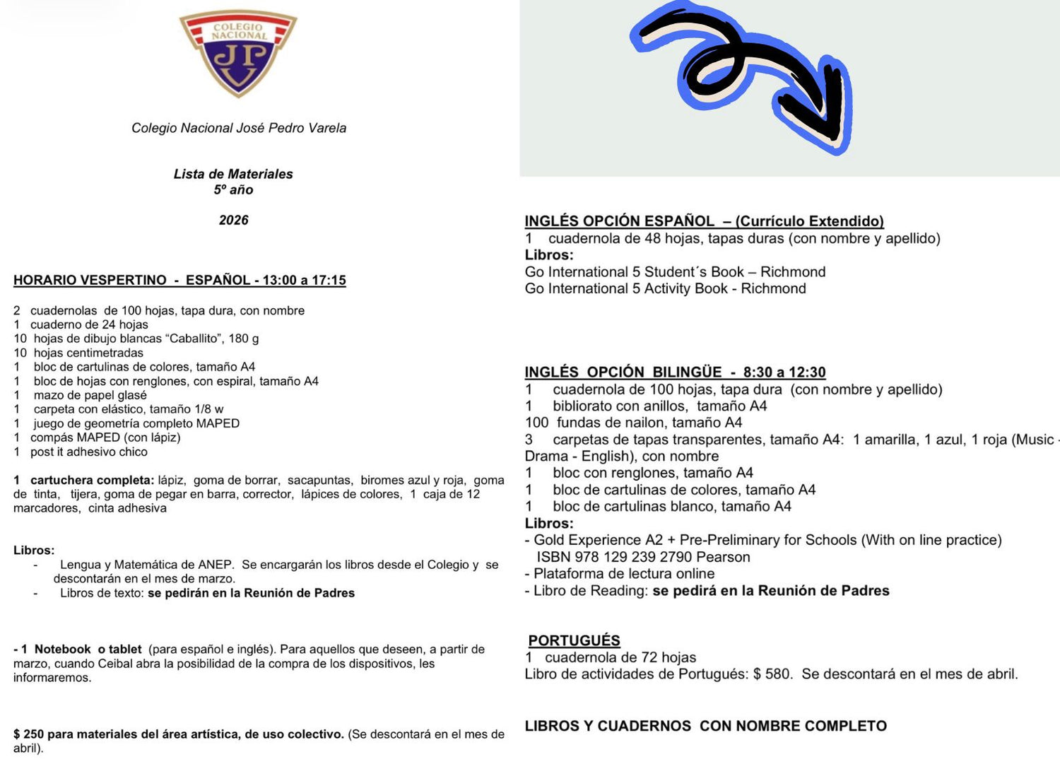 Lista Sugerida Colegio J. P. Varela 5º año 2026