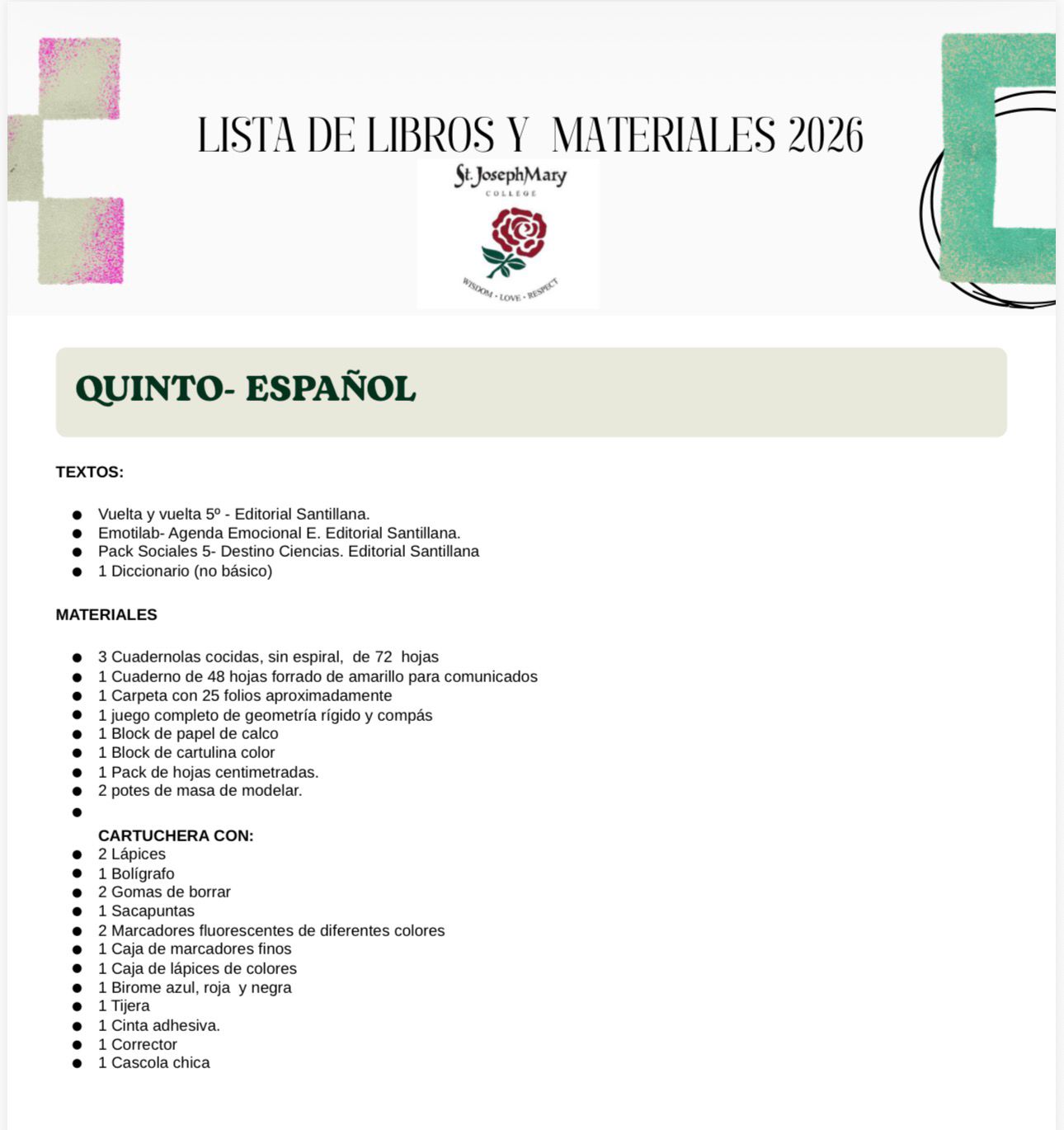 Lista Sugerida Colegio St. Joseph Mary 5º año 2026