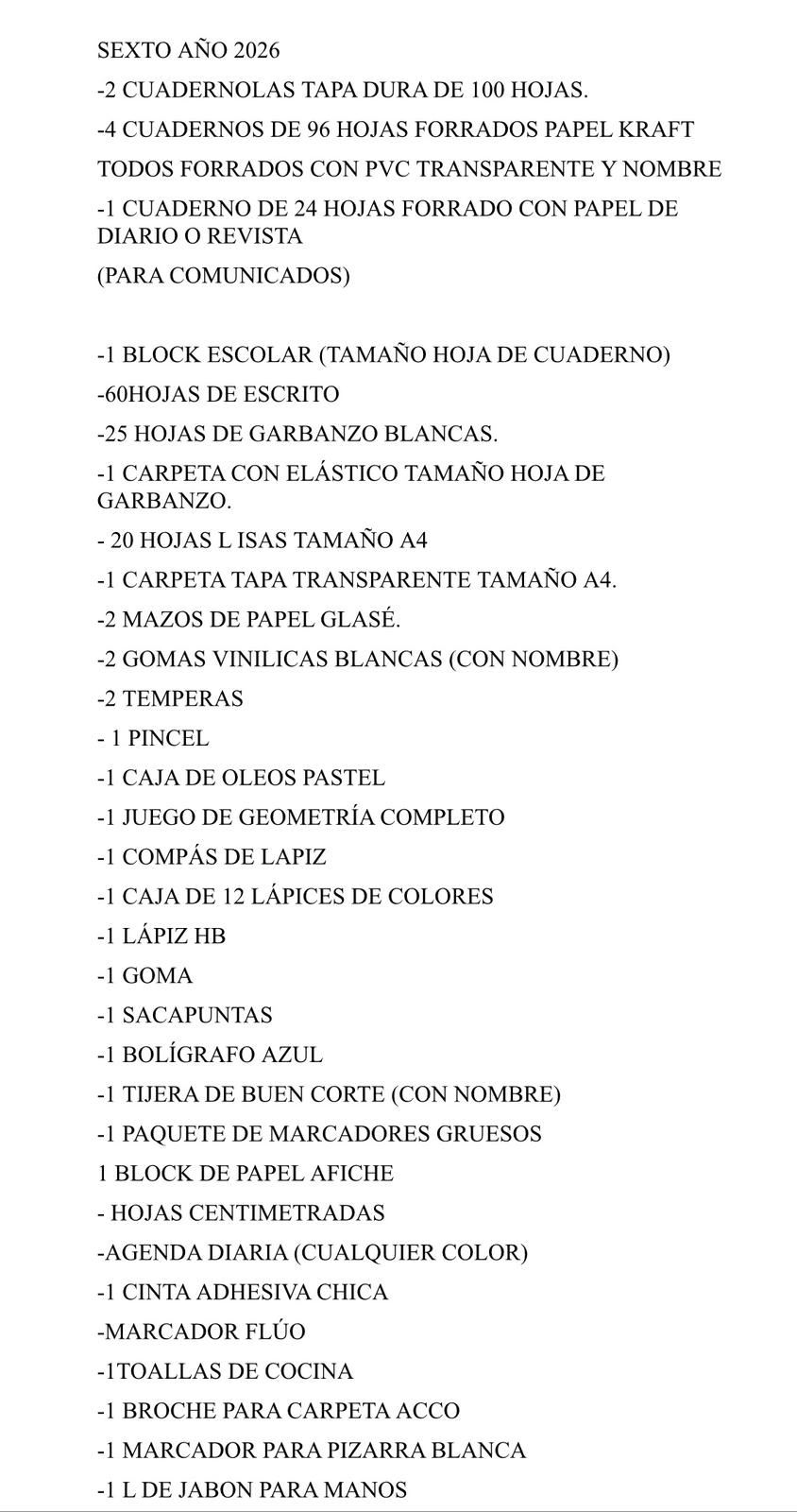 Lista Sugerida Colegio Tacconi 6º 2026