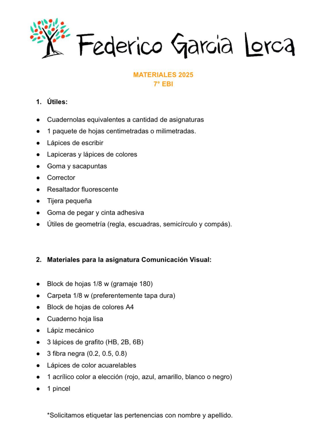 Lista Sugerida Colegio García Lorca 7º año 2026