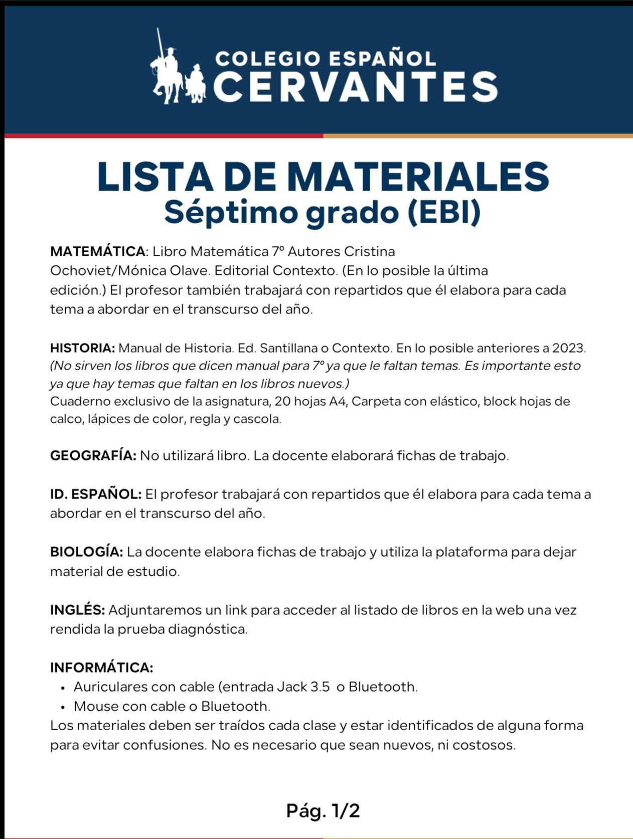 Lista Sugerida Colegio Cervantes 7º año 2026