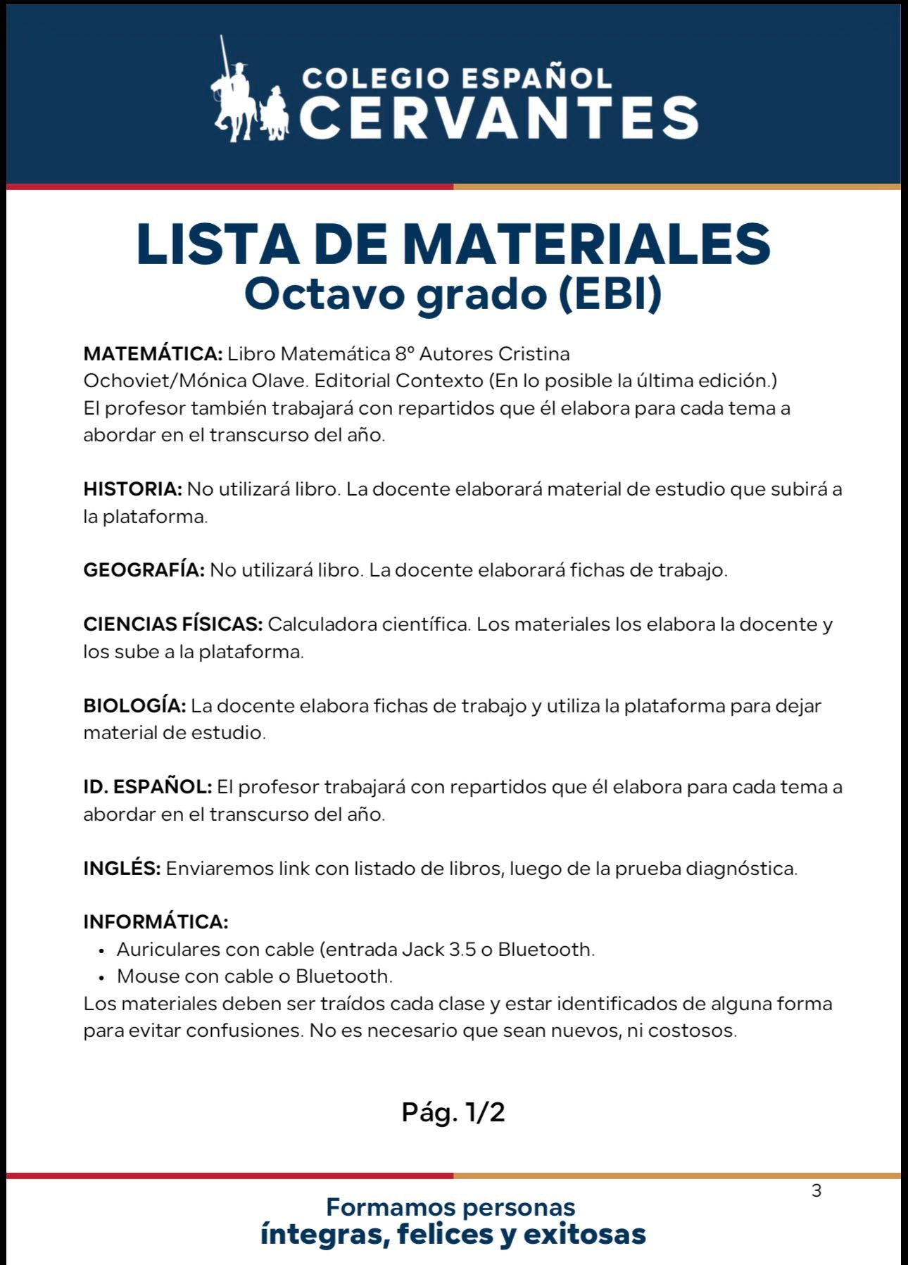 Lista Sugerida Colegio Cervantes 8º año 2026