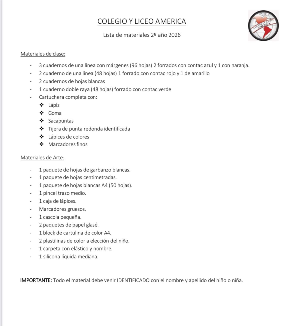 Lista Sugerida Colegio América 2º año 2026