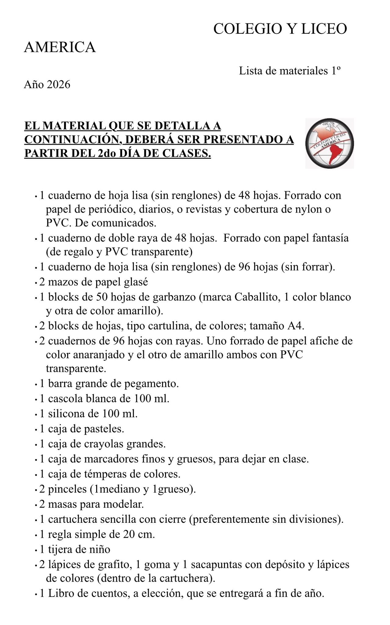 Lista Sugerida Colegio América 1º año 2026