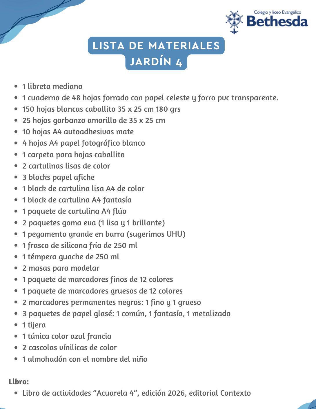 Lista de Materiales sugeridos Colegio Bethesda Nivel 4 año 2026