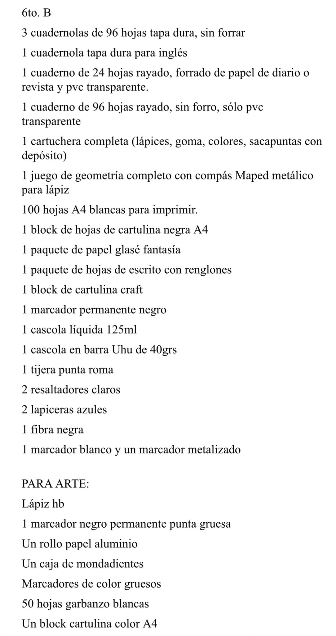 Lista Sugerida Colegio Ciei 6º B 2026