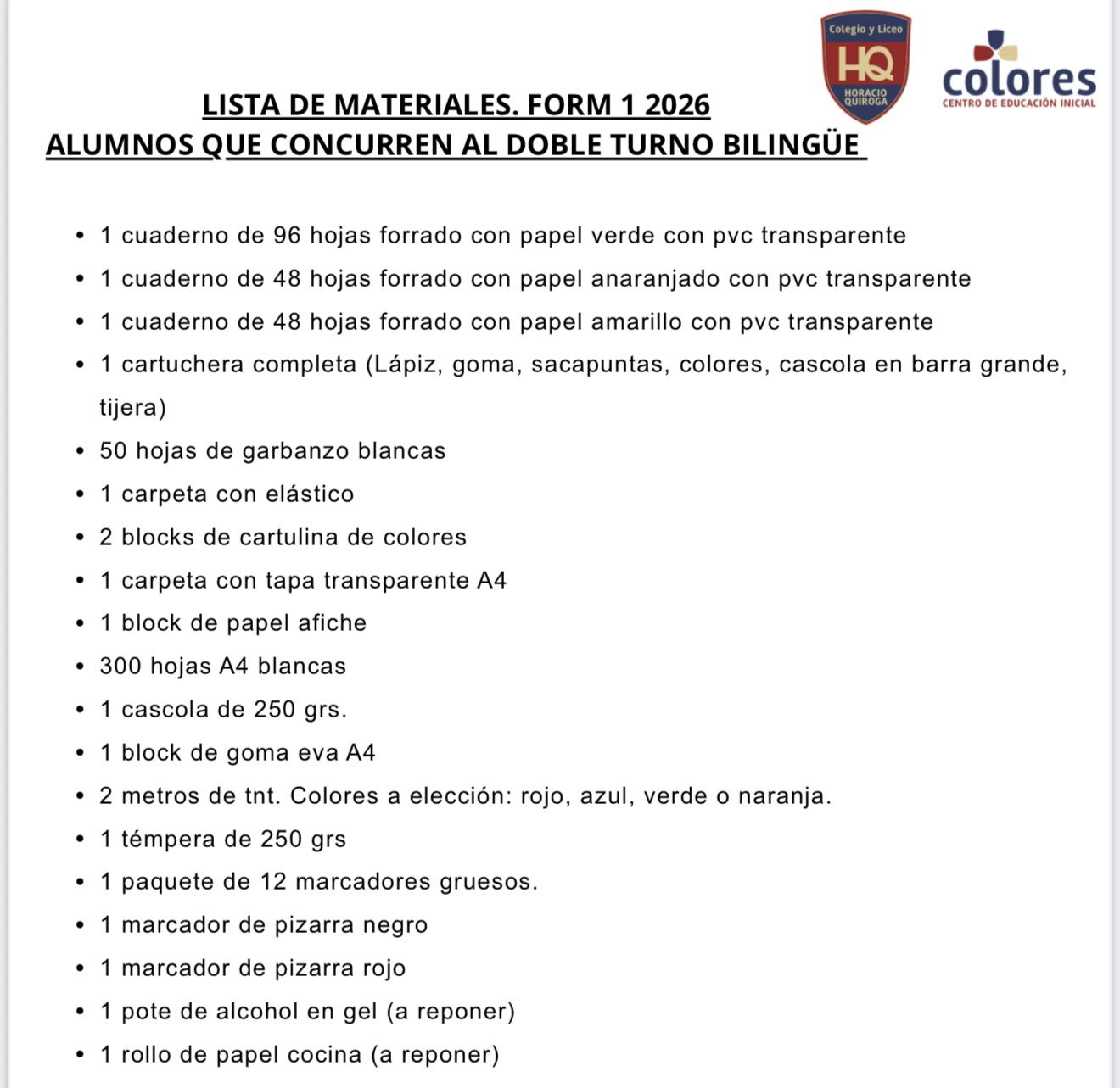 Lista Sugerida Colegio Horacio Quiroga Form 1 (Doble Turno B.)2026