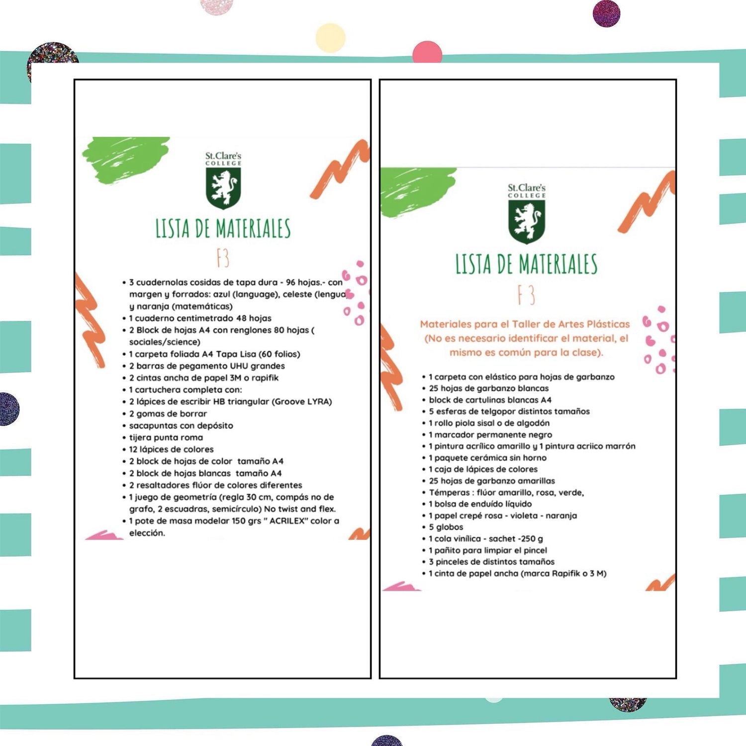 Lista de Materiales sugeridos Colegio St. Clare`s F3 2026