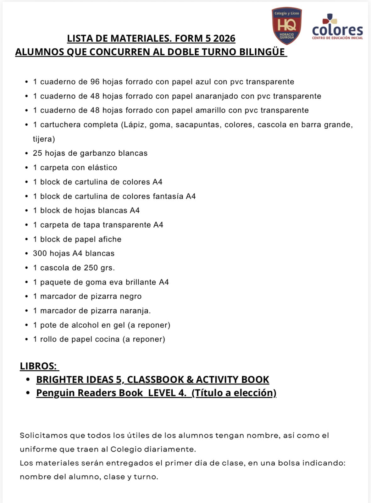 Lista Sugerida Colegio Horacio Quiroga Form 5 2026