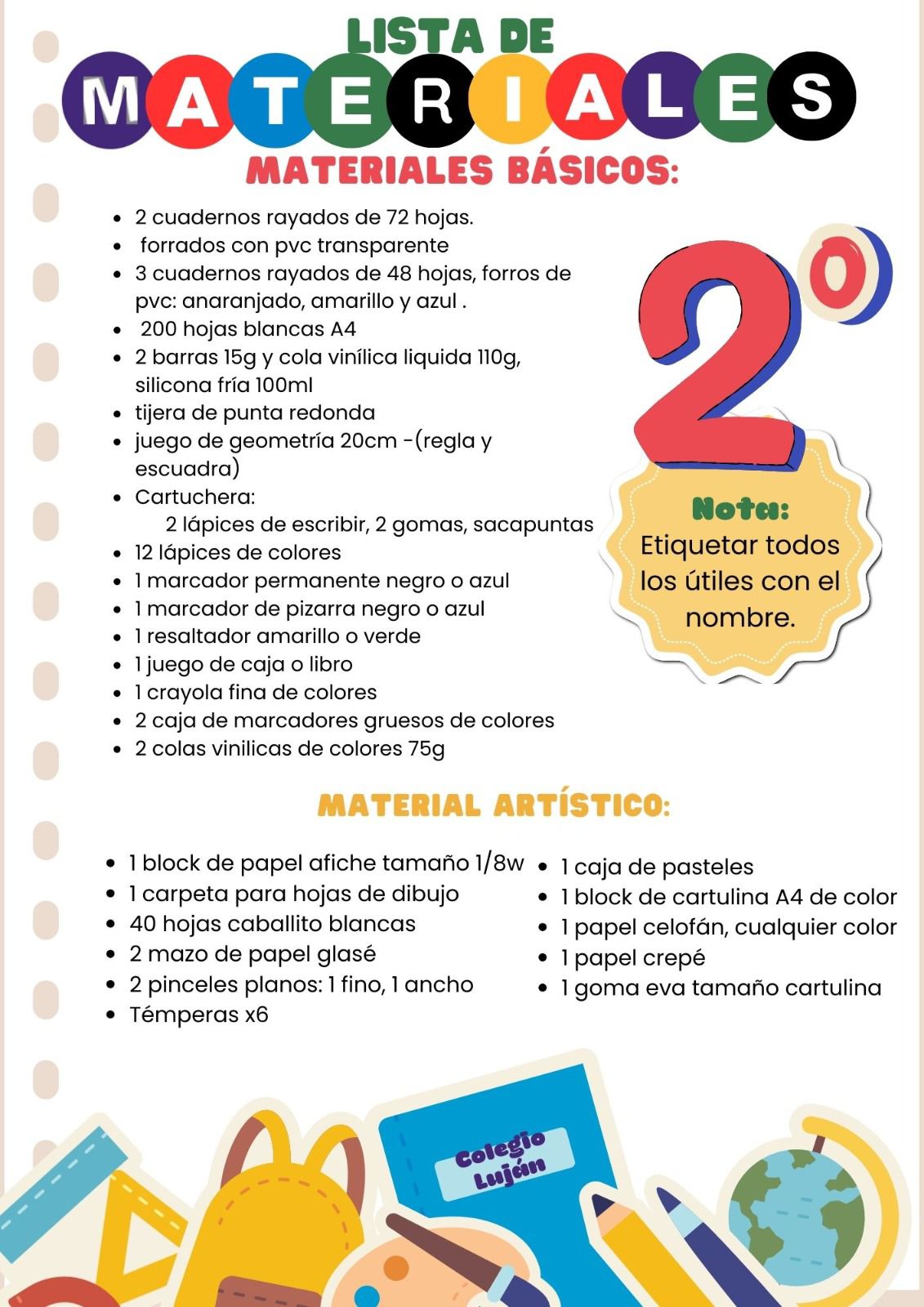 Lista de Materiales sugeridos para el Colegio Nuestra Señora del Luján 2º 2026