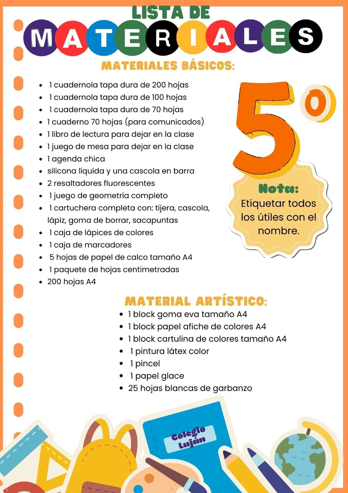 Lista de Materiales sugeridos para el Colegio Nuestra Señora del Luján 5º 2026