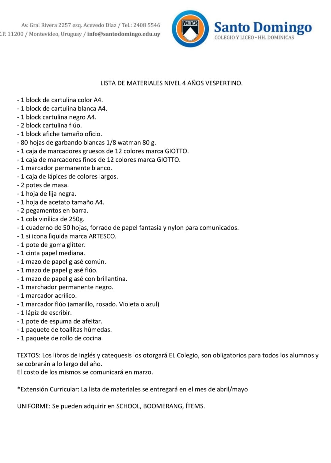 Lista de Materiales sugeridos para el Colegio Santo Domingo Nivel 4 Vespertino 2026