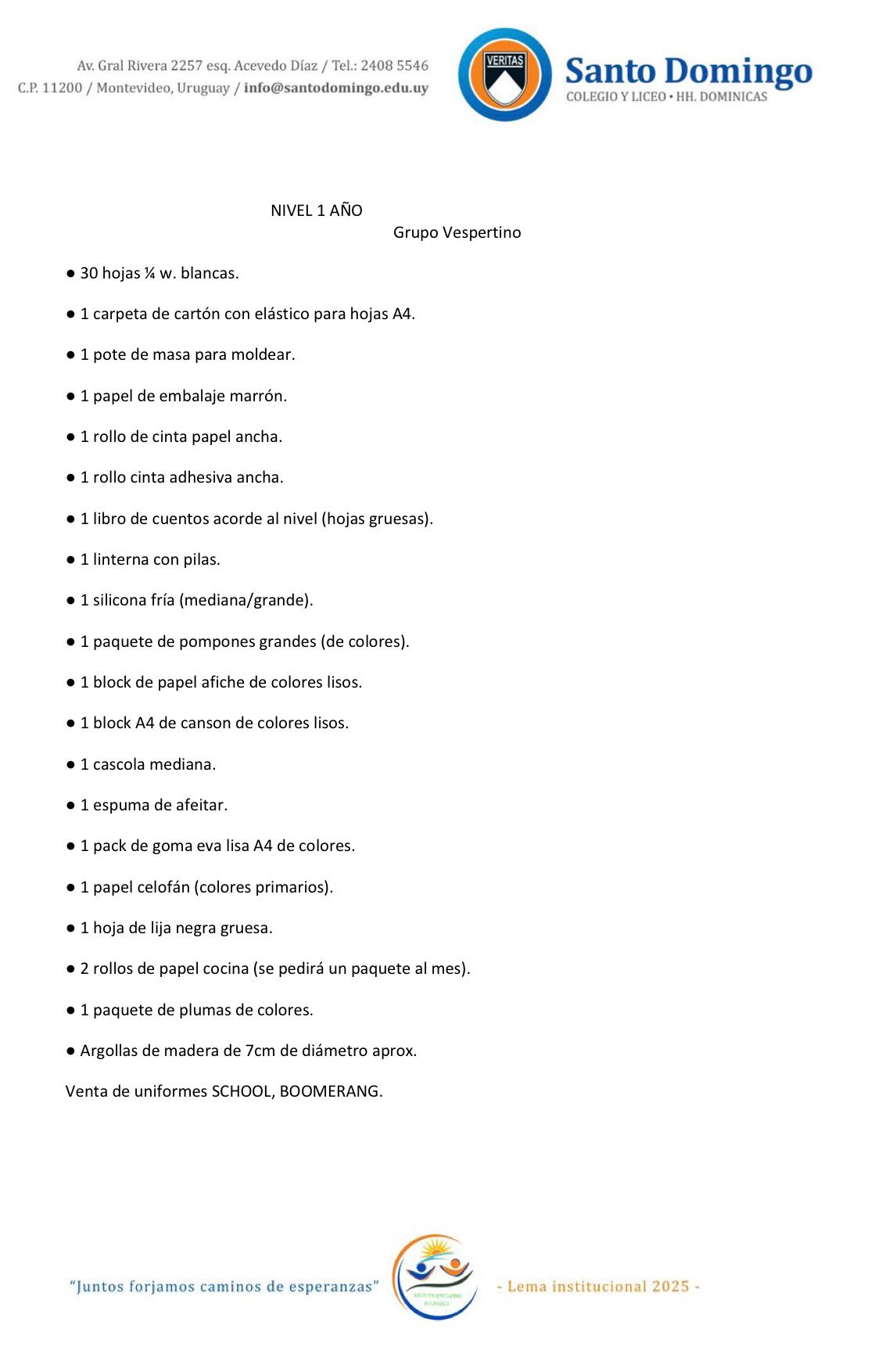 Lista de Materiales Sugerida para el Colegio Santo Domingo Nivel 1 Vespertino 2026