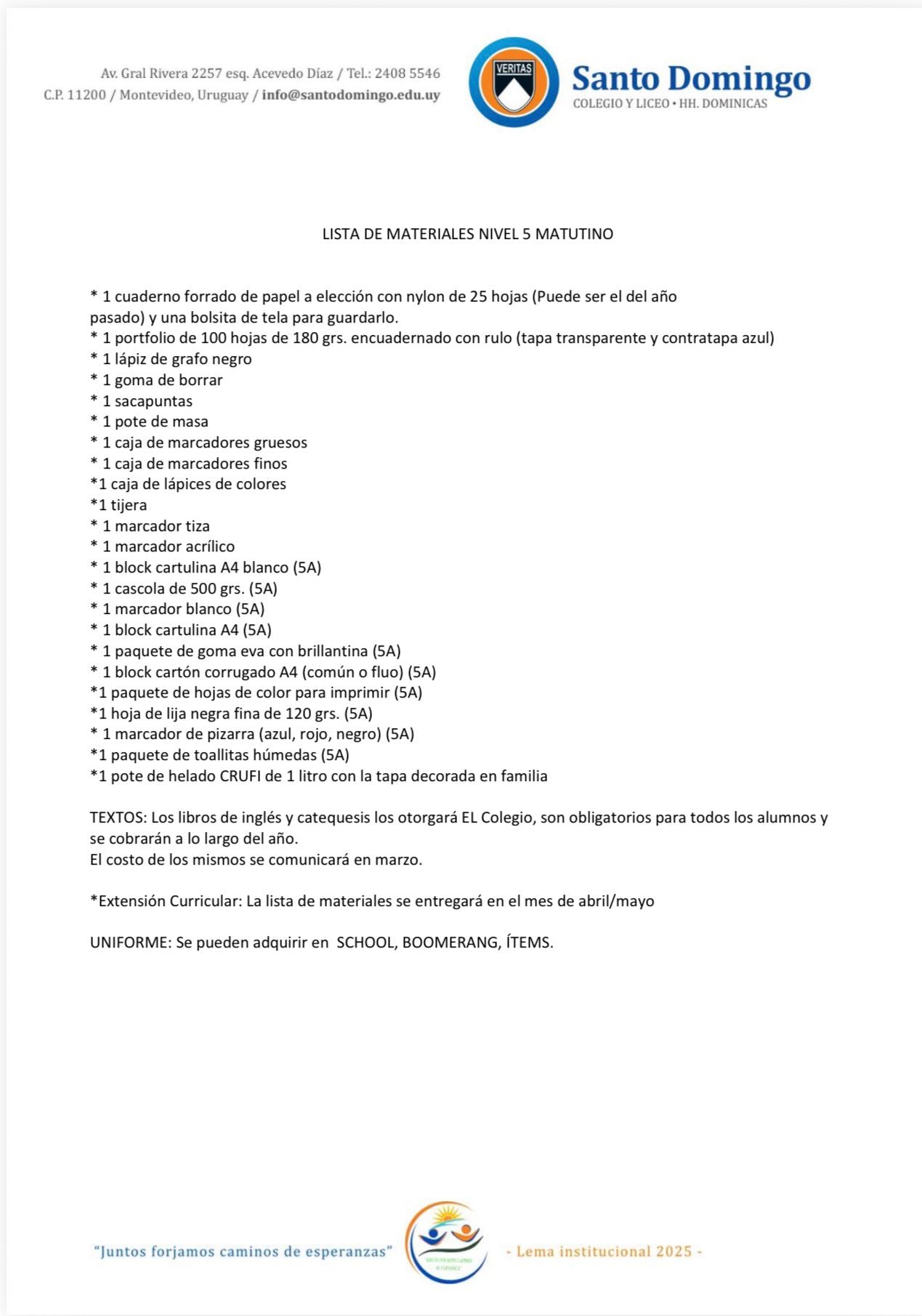 Lista de Materiales Sugerida para el Colegio Santo Domingo Nivel 5 A Matutino 2026