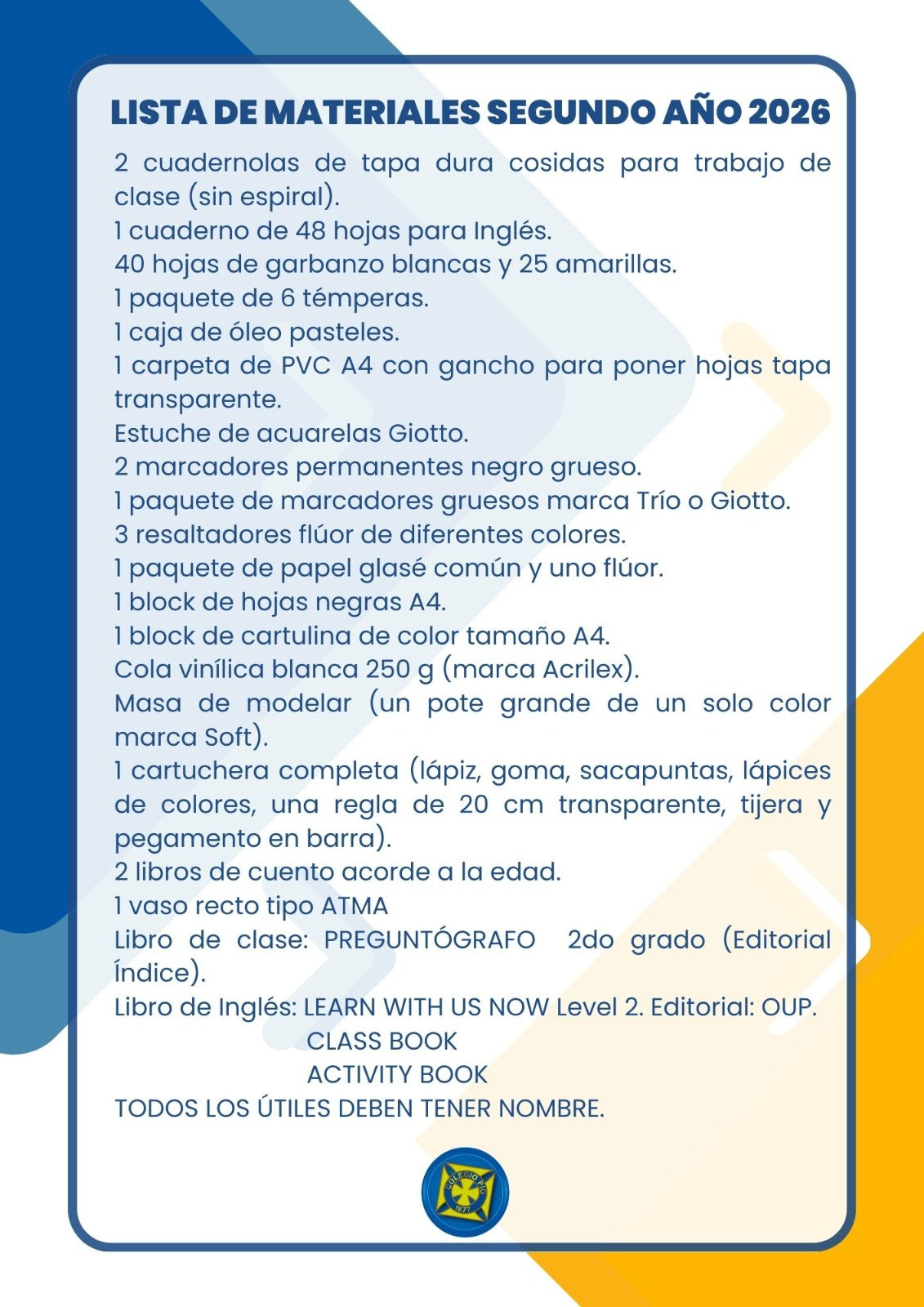 Lista Sugerida Colegio Pío 2º año 2026