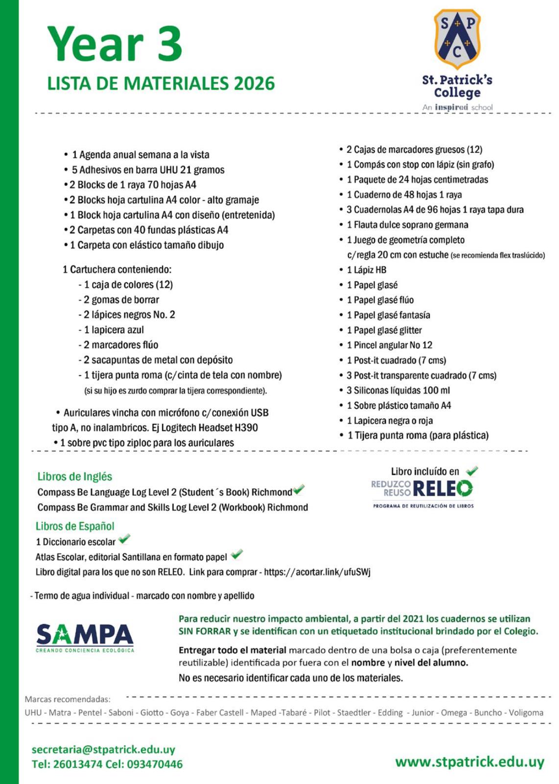 Lista Sugerida St. Patrick`s College 3º 2026