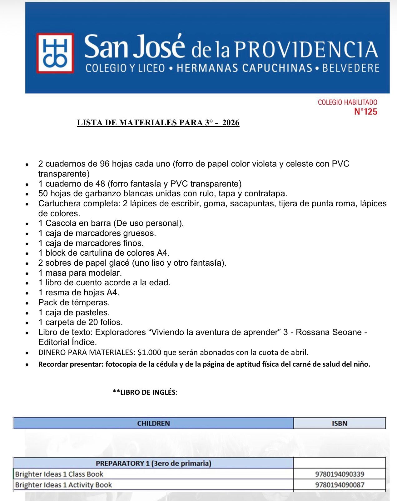 Lista Sugerida Colegio San José de la Providencia 3º 2026