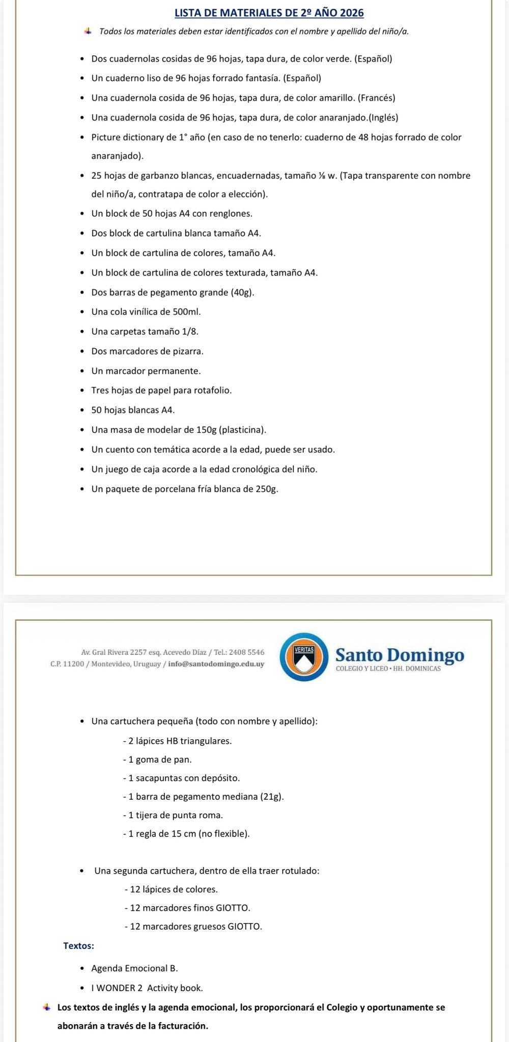 Lista de Materiales sugeridos para el Colegio Santo Domingo 2º 2026