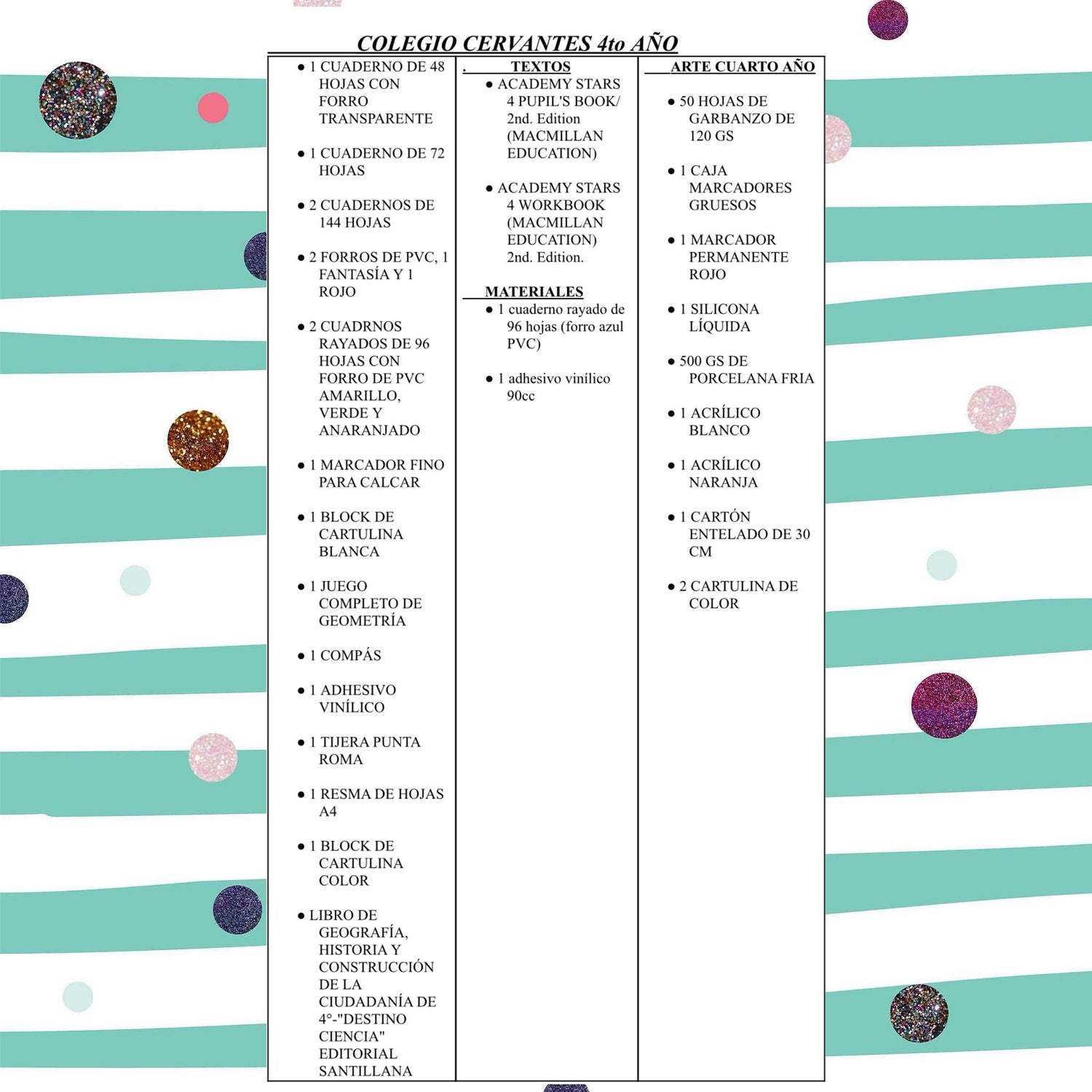 Lista Sugerida Colegio Cervantes Español, Inglés, Arte e Informática 4º 2026