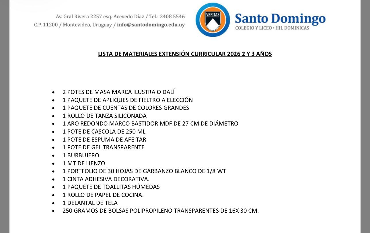 Lista de Materiales Sugerida para el Colegio Santo Domingo Extensión Horaria Nivel 2 y 3 2026