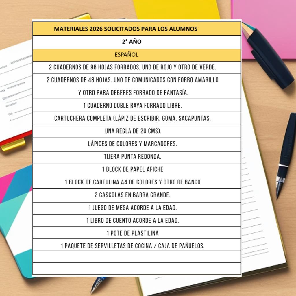 Lista de Materiales Sugerida para el Colegio Fátima 2º año 2026 (Español, Inglés, Arte y Formación en la Fe)