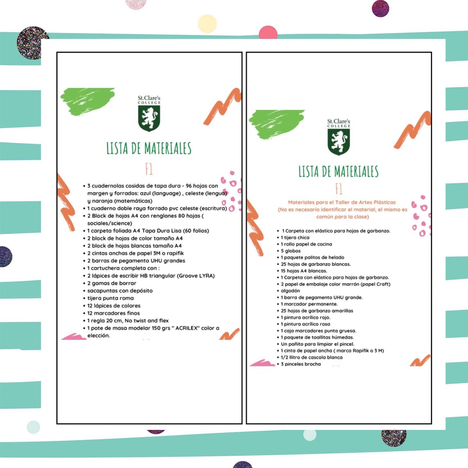 Lista de Materiales sugeridos Colegio St. Clare`s F1 2026
