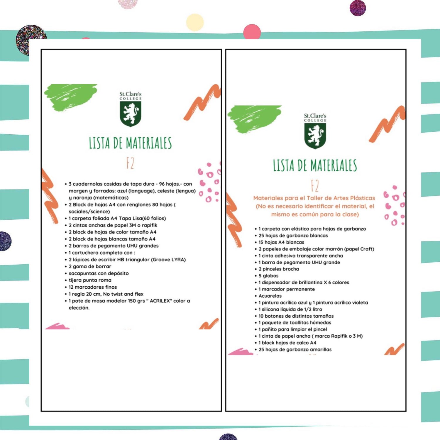 Lista de Materiales sugeridos Colegio St. Clare`s F2 2026