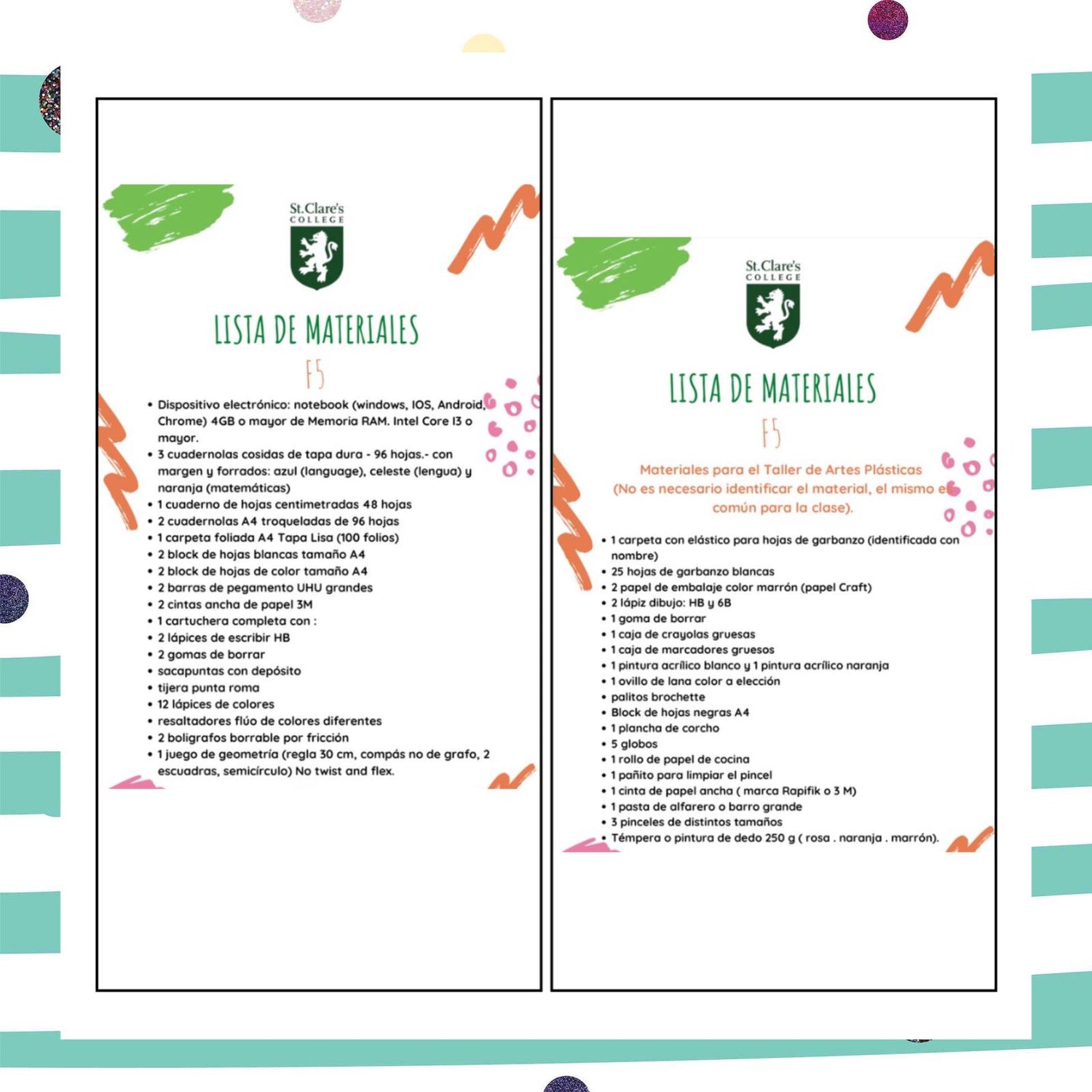 Lista de Materiales sugeridos Colegio St. Clare`s F5 2026