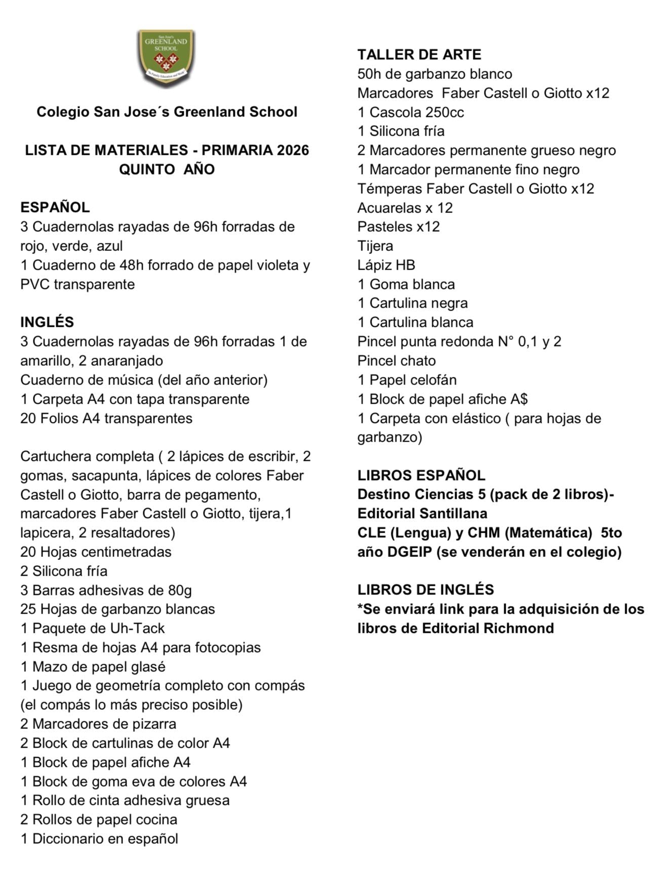 Lista Sugerida Colegio Greenland 5° Español, Inglés y Taller de Arte año 2026