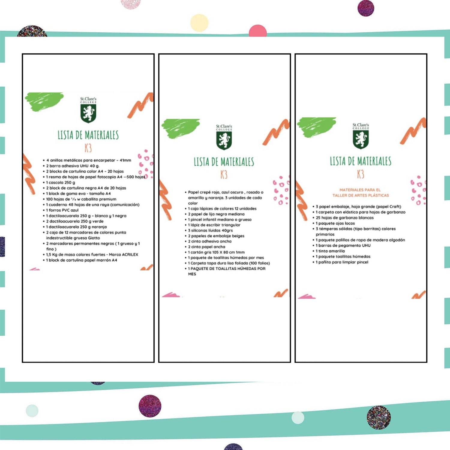 Lista de Materiales sugeridos Colegio St. Clare`s K3 2026