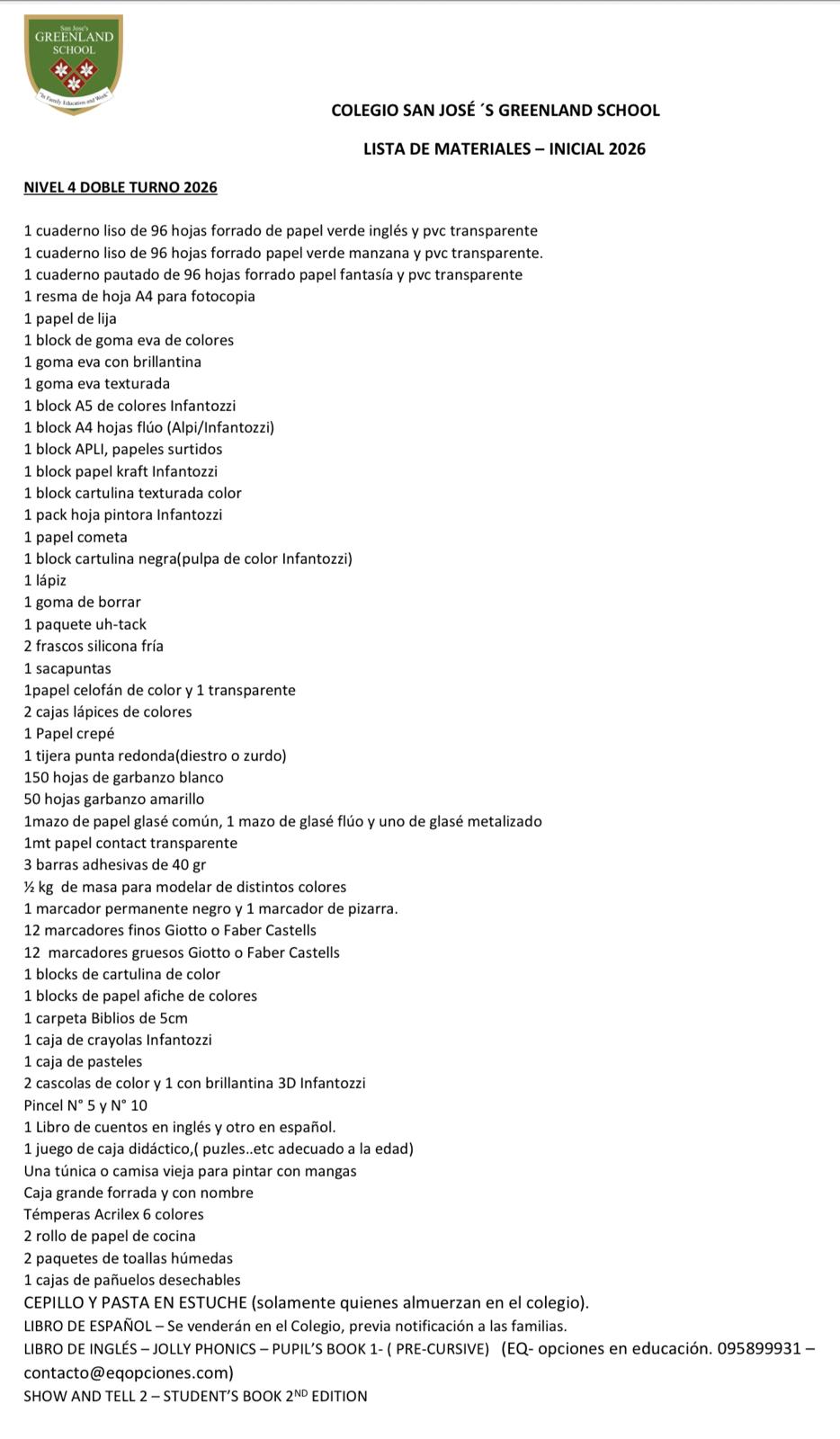 Lista Sugerida Colegio Greenland Nivel 4 año 2026