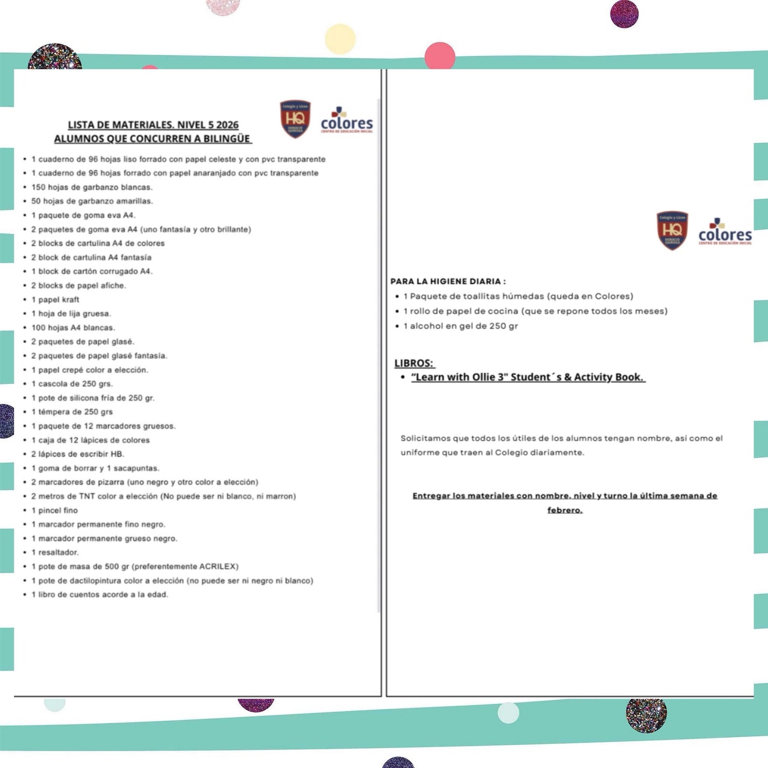 Lista Sugerida Colegio Horacio Quiroga Nivel 5 Bilingüe 2026