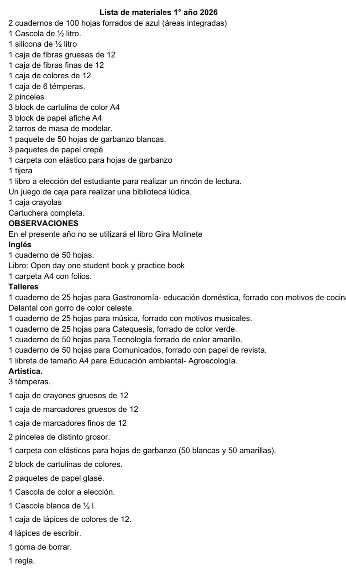 Lista de Materiales sugeridos Colegio San Miguel 1º 2026