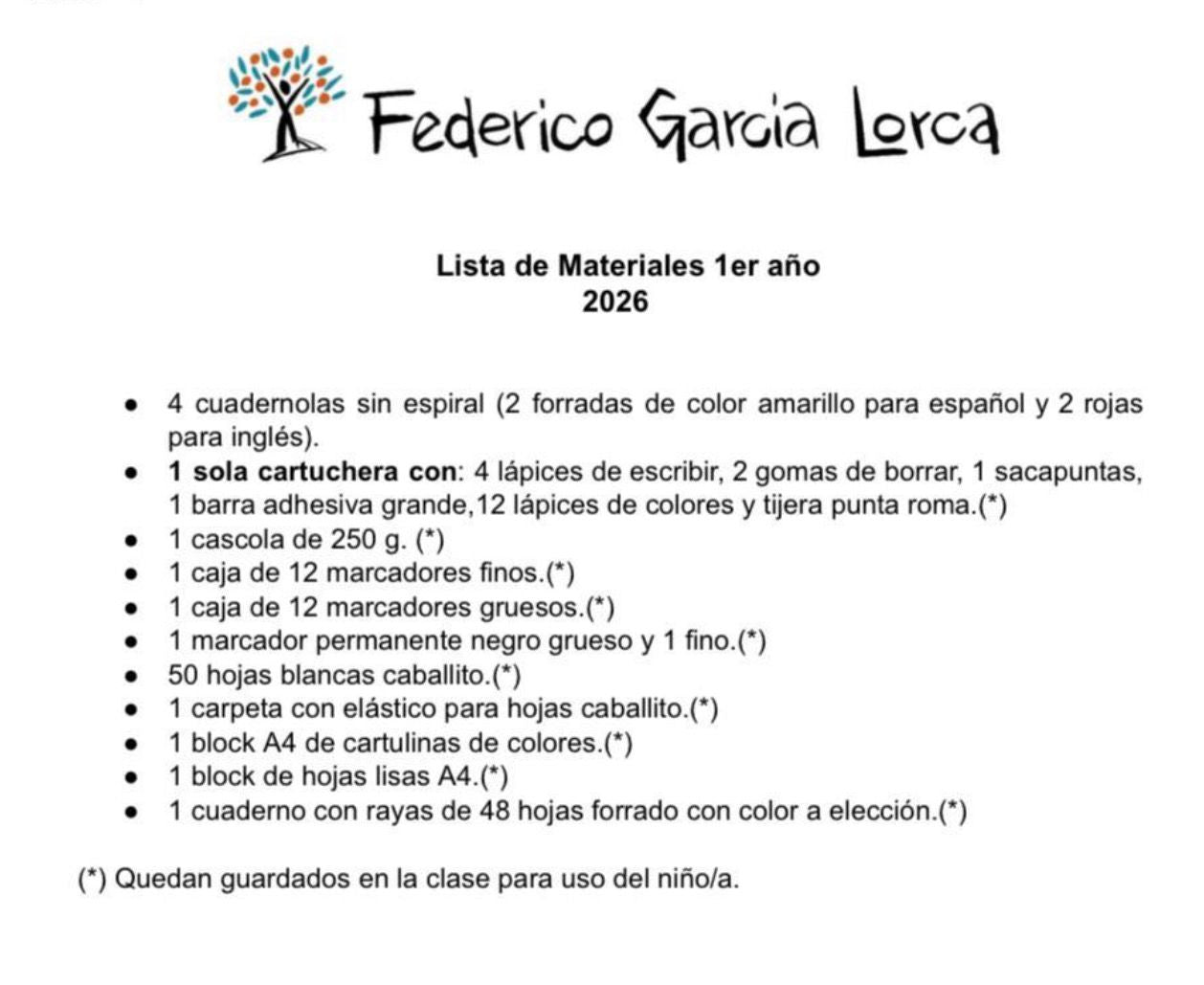Lista Completa Colegio Federico García Lorca 1º año 2026