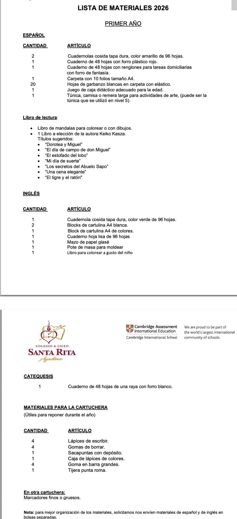 Lista de Materiales Completa para el Colegio Santa Rita, 1º Año Primaria.