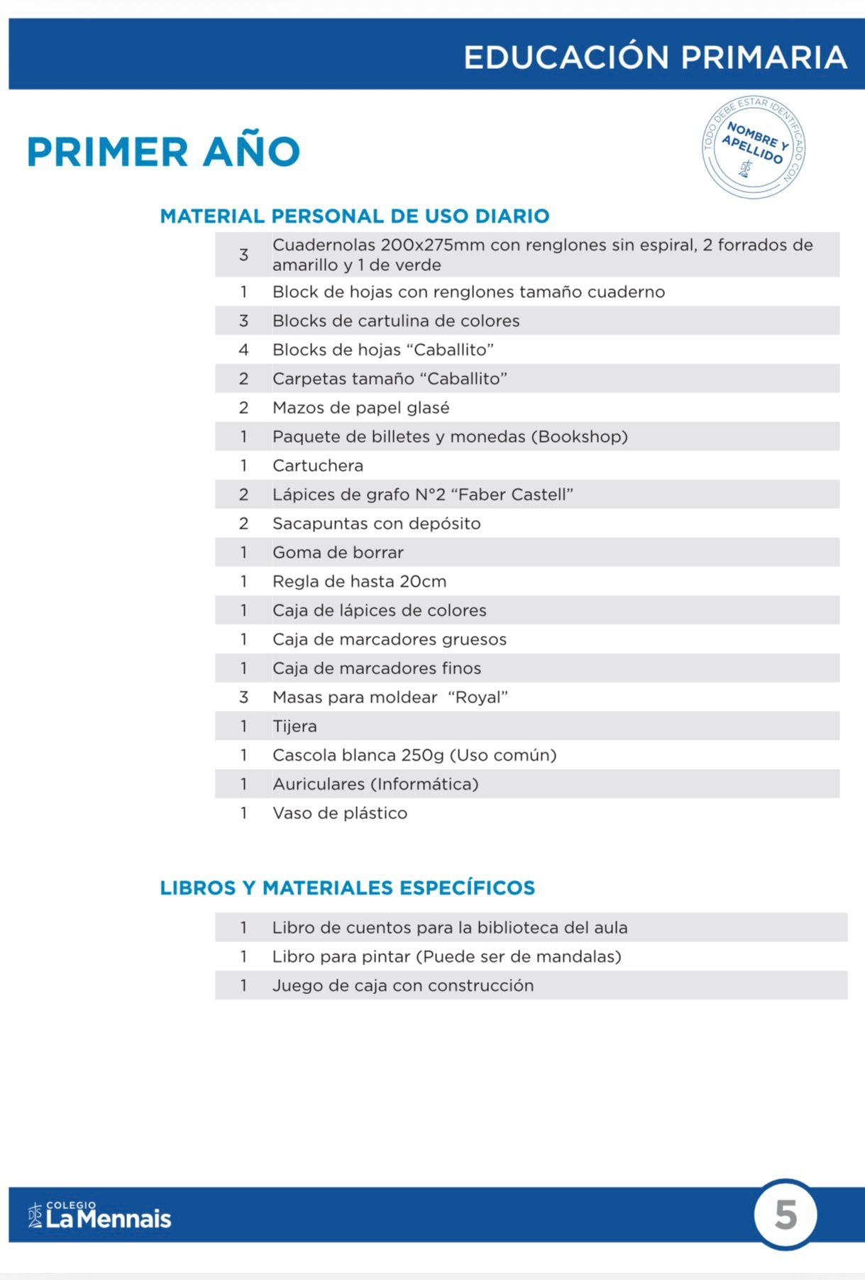 Lista Completa Colegio La Mennais 1ºaño 2026