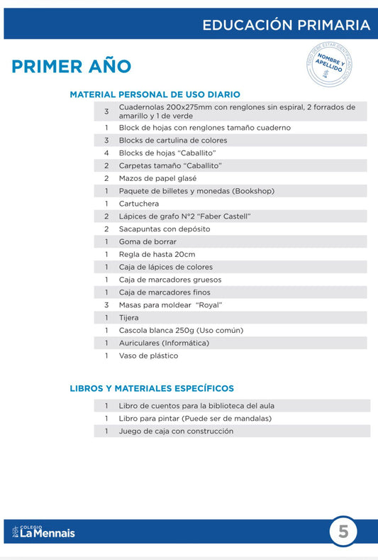 Lista Completa Colegio La Mennais 1ºaño 2026