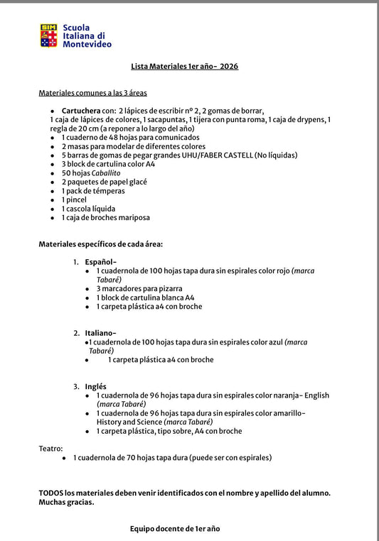Lista de Materiales Completa para Scuola Italiana 1º año 2026
