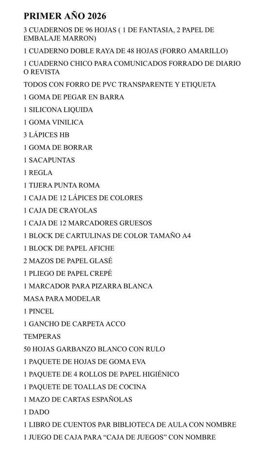 Lista Completa Colegio Tacconi 1º año 2026