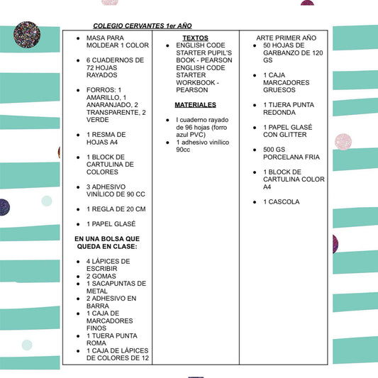 Lista Completa Colegio Cervantes 1º año Español e Inglés 2026