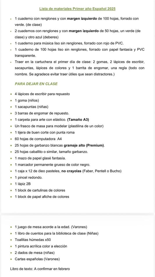 Lista Completa Colegio Lagomar 1º año Español 2026 (varones)