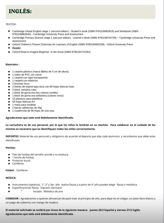 Lista de Materiales Completa para el Colegio St. Joseph Mary Form 1 año 2026