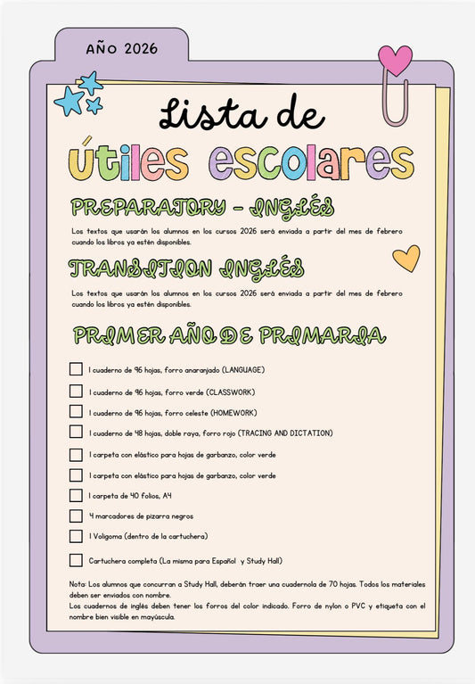 Lista de Materiales Completa para el Colegio Richard Anderson, 1º Año Inglés