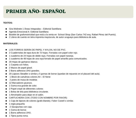 Lista de Materiales Completa para el Colegio St. Joseph Mary 1º año 2026