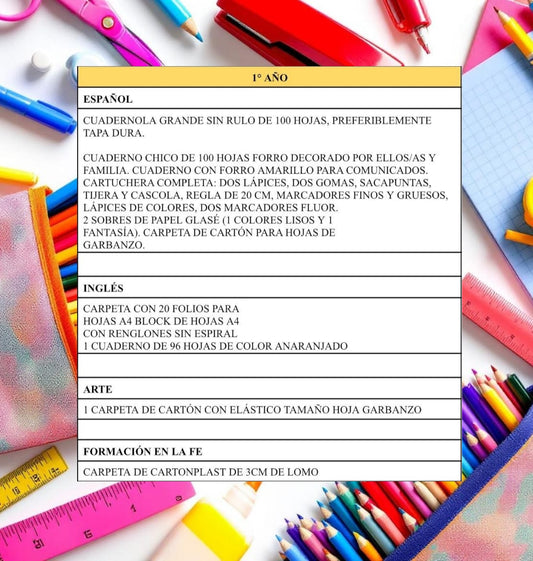 Lista de Materiales Completa para el Colegio Nuestra Señora de Fátima 1º año (Español, Inglés, Arte y Formación en la Fe) 2026