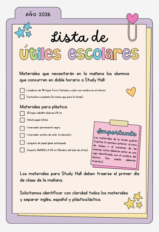 Lista de Materiales Completa para el Colegio Richard Anderson, 1º Año Español, plàstica y Study Hall.