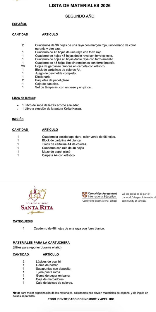 Lista de Materiales Completa para el Colegio Santa Rita, 2º Año Primaria.