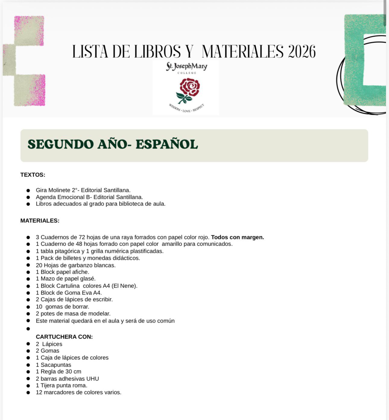 Lista de Materiales Completa para el Colegio St. Joseph Mary 2º año 2026