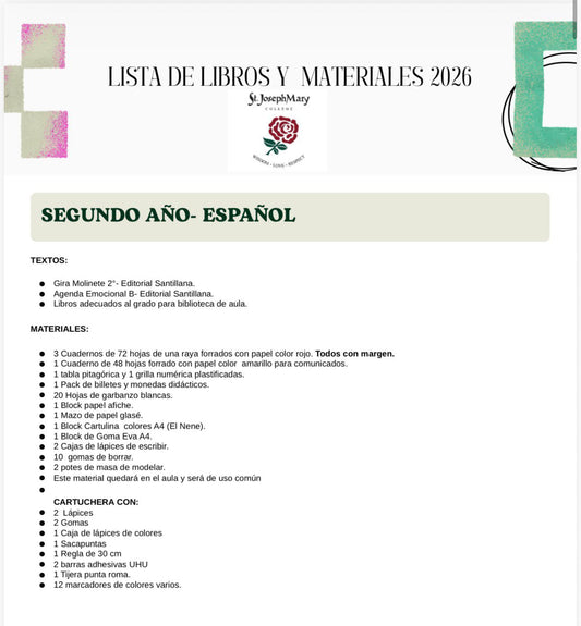 Lista de Materiales Completa para el Colegio St. Joseph Mary 2º año 2026